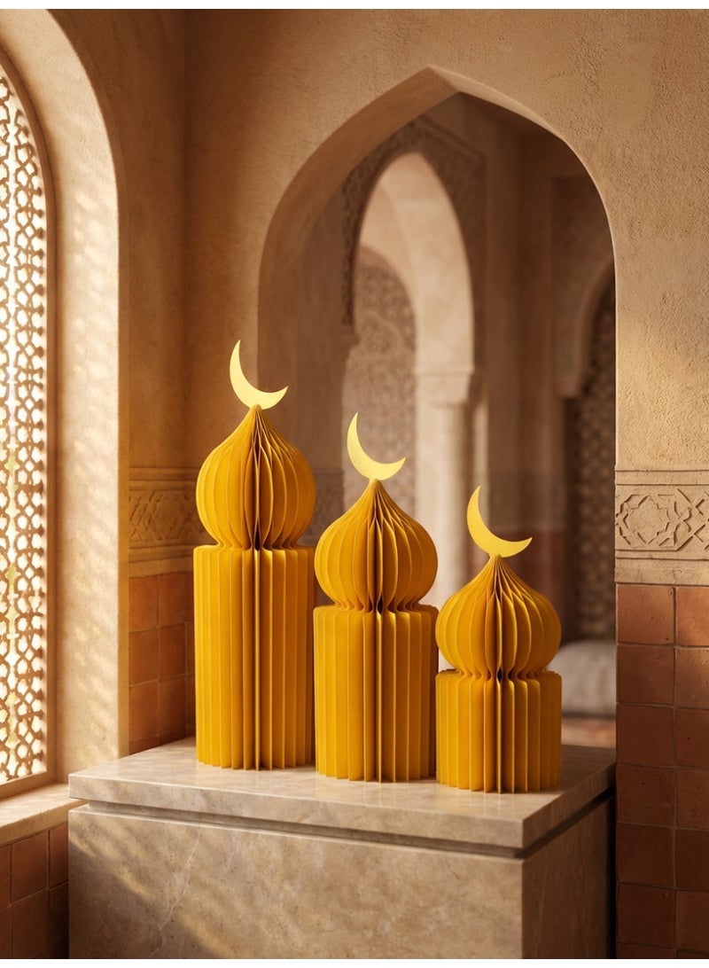 Tanseeq مجموعة من 3 قطع من مركزيات المسجد بتصميم خلية النحل الذهبية لديكور رمضان الأنيق لاحتفالات عيد مبارك لوازم الحفلات زينة طاولة المسجد - Image 3